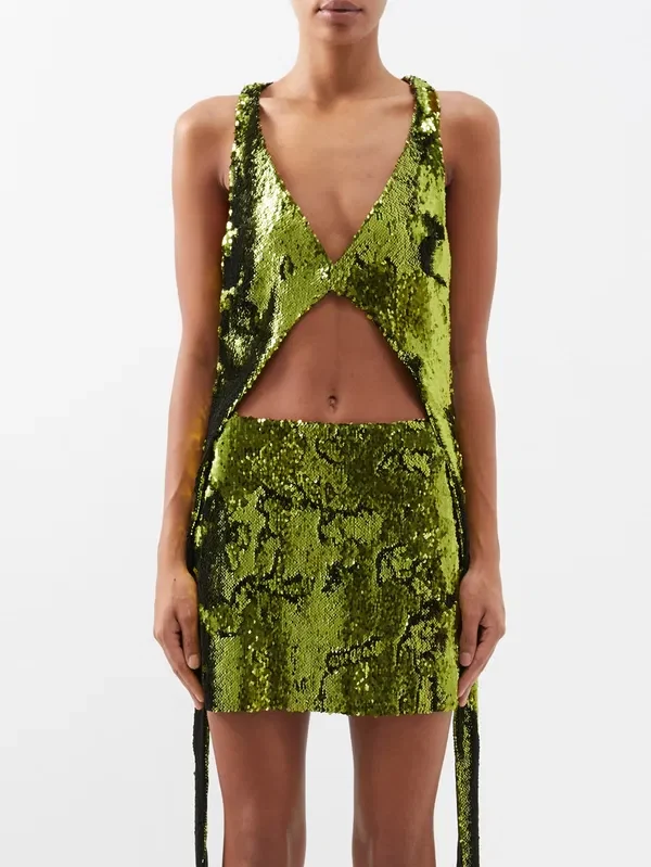 Marques Almeida Green Cutout-Back Sequinned Party Crop Top - Imagen 2