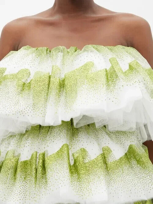 Halpern Shimmery Green Tiered Tulle Poofy Ruffle Strapless Mini Dress - Imagen 6