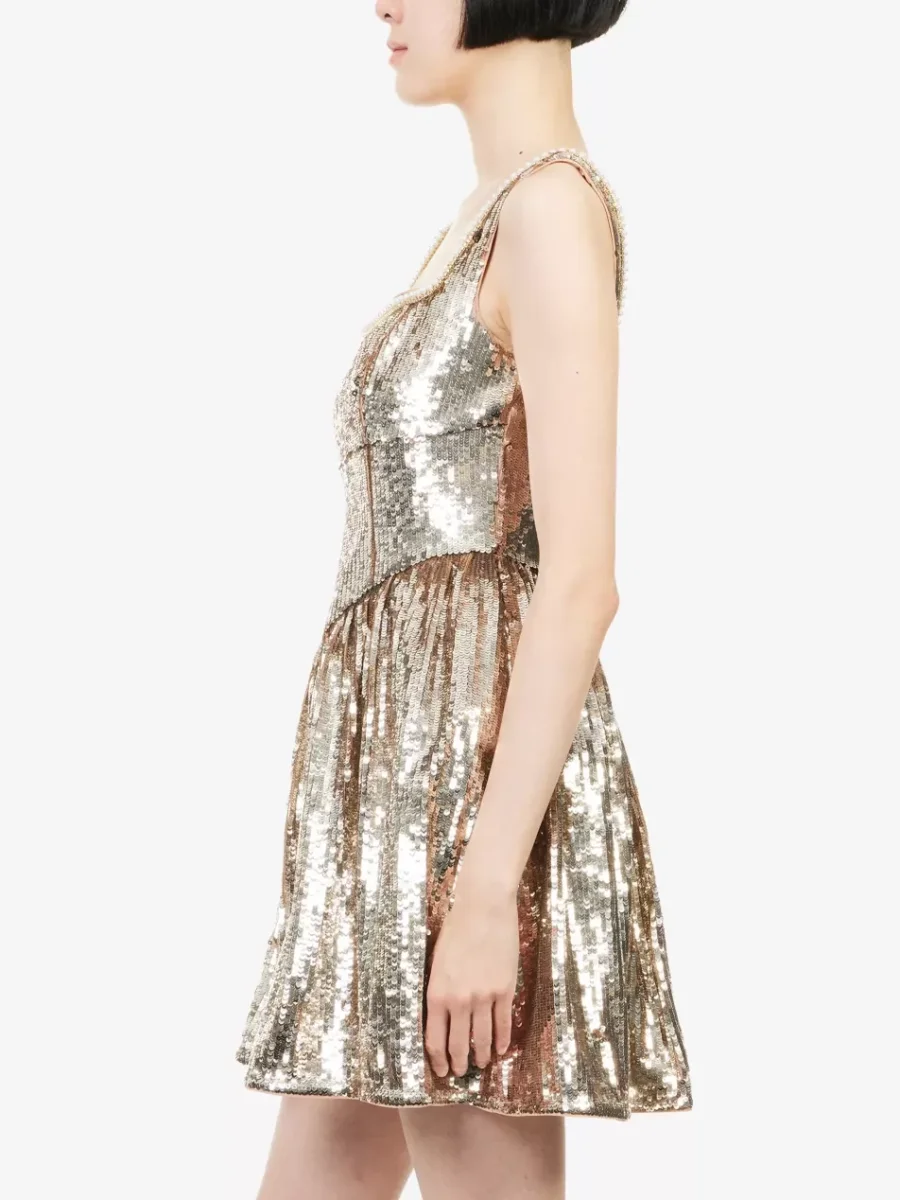 Self-Portrait x Disney Gold Sequin Pearl Detail Mini Dress - Imagen 9