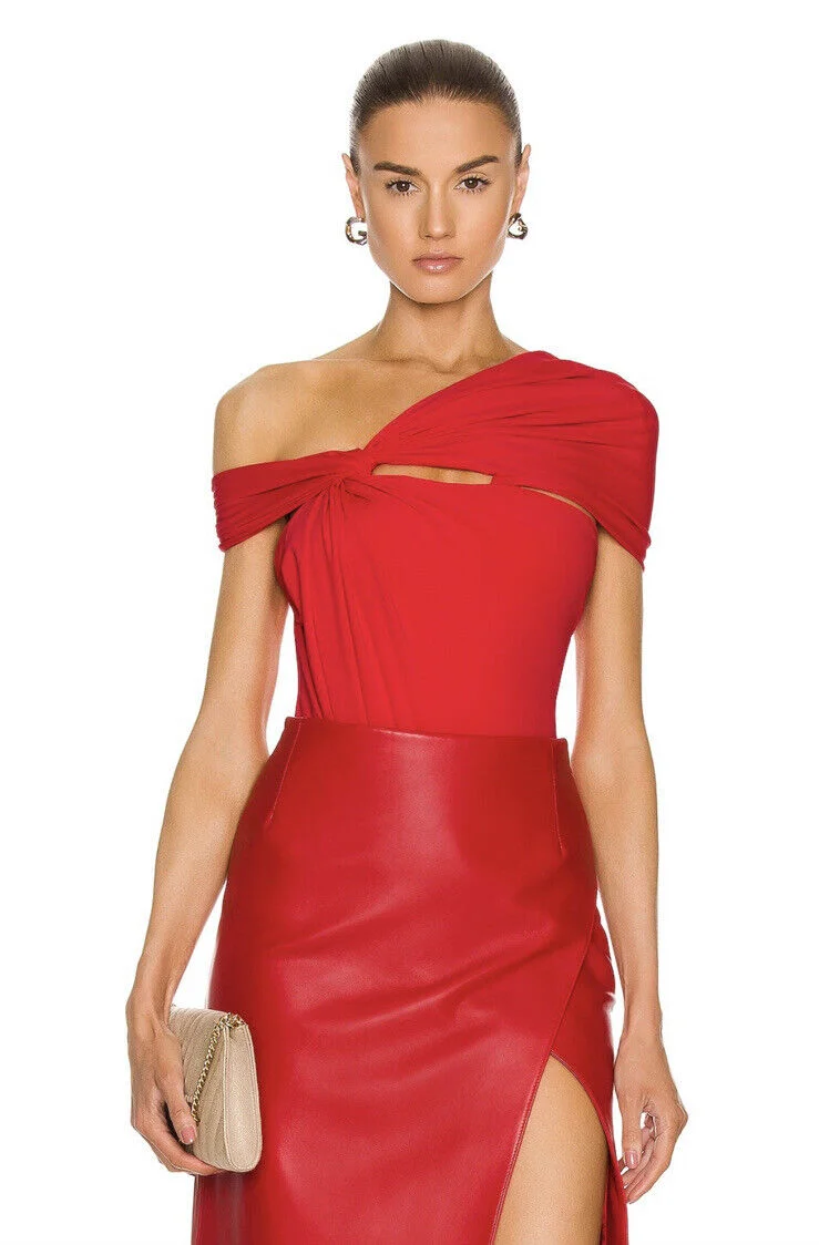 MAXIMILIAN DAVIS Red Disco Draped Jersey Bodysuit - Imagen 3