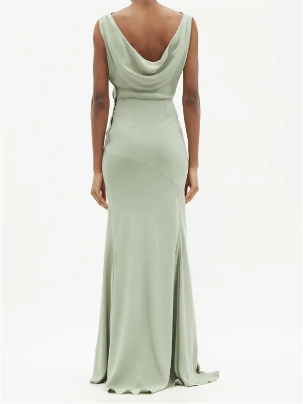 RAEY Cowl-Back Silk Seam Detail Pistachio Green Crepe De Chine Maxi Dress - Imagen 8