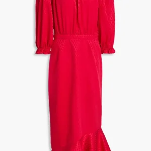 Saloni Grace Off The Shoulder Silk Satin Jacquard Midi Dress