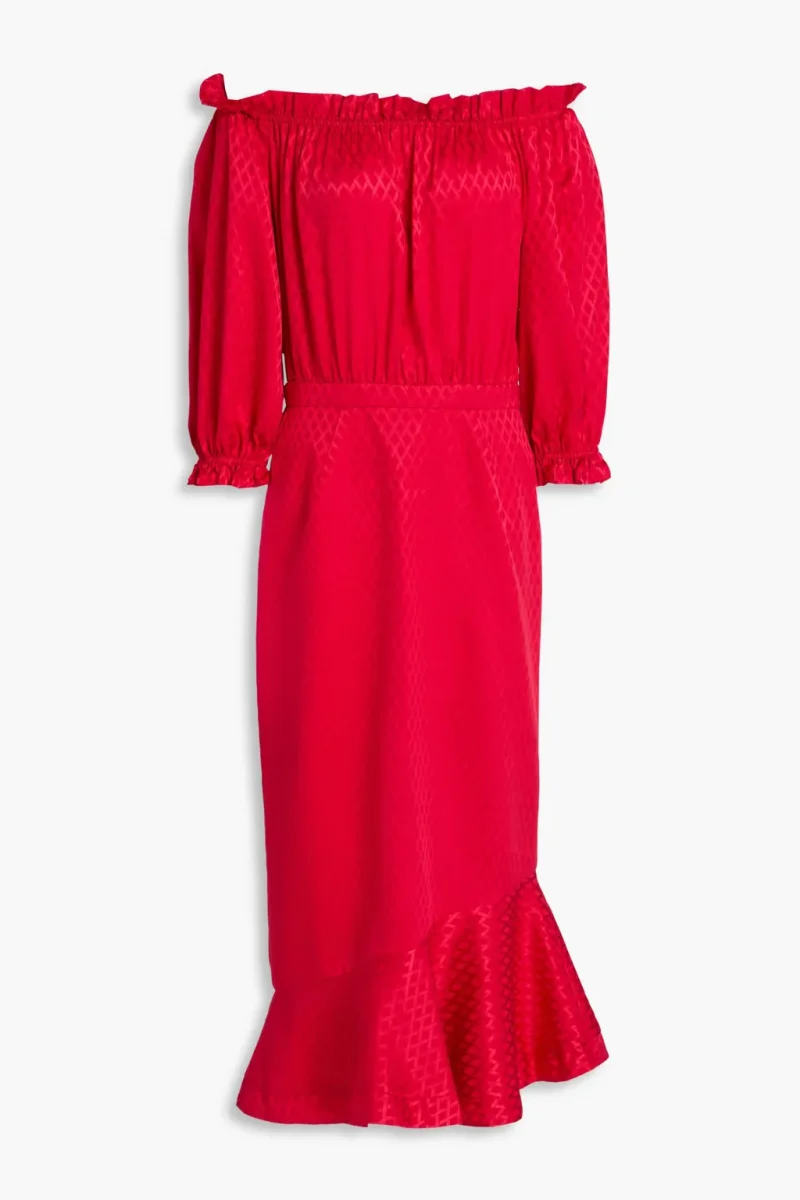 Saloni Grace Off The Shoulder Silk Satin Jacquard Midi Dress - Imagen 2