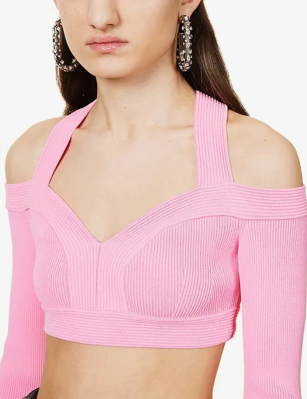 Alexander McQueen Pink Sweetheart Neck Cropped Rib Knit Long Sleeve Top - Imagen 5