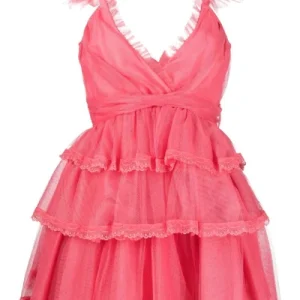 Love Shack Fancy Pink Ruffle V-Neck Zorina Mini Dress