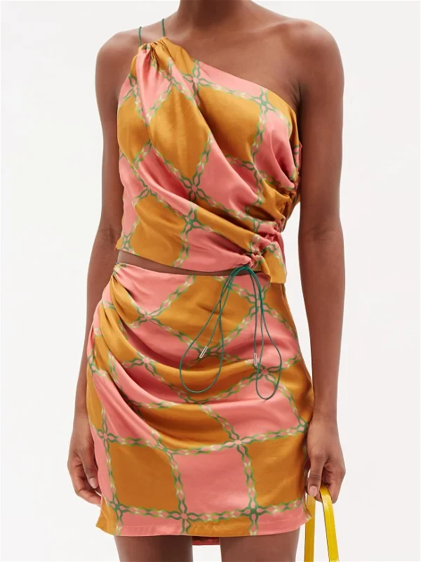 AHLUWALIA Silk Tumeric Pink Green Check Printed Tie Detail Skirt - Imagen 5