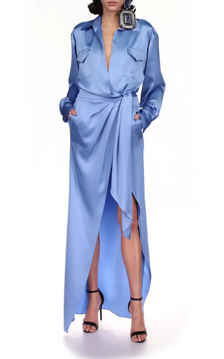 DAVID KOMA Blue Satin Wrap V-Neck Gown Dress - Imagen 4