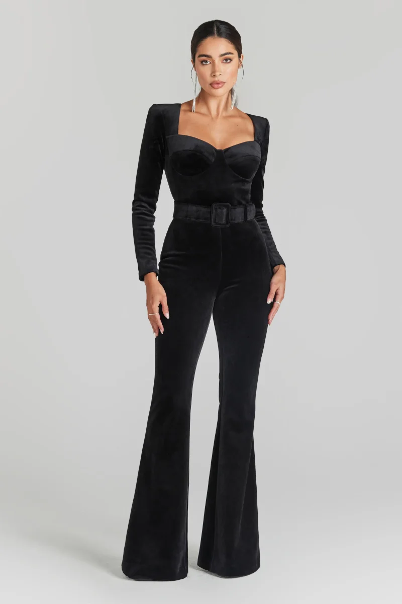 Nadine Merabi Black Natalia Velvet Corseted Sweeheart Neck Jumpsuit - Imagen 3