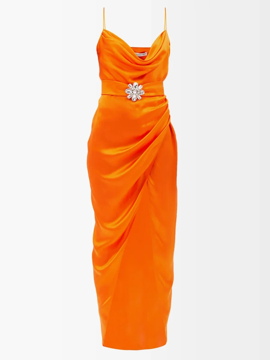 ALESSANDRA RICH Orange Silk Satin Charmeuse Ruched Slit Leg Spaghetti Strap Evening Dress - Imagen 5