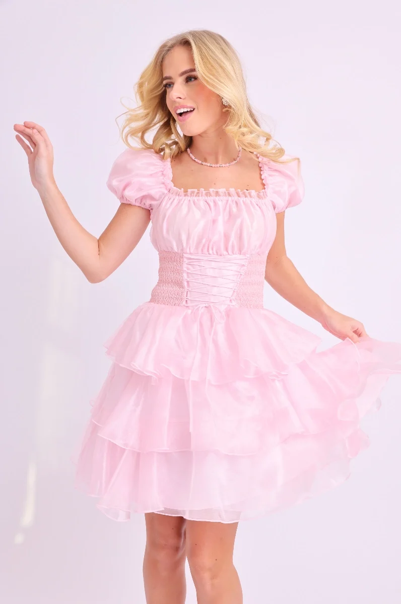 Amy Jane London Pink Arabella Organza Puff Sleeve Corset Bodice Prairie Mini Dress - Imagen 7