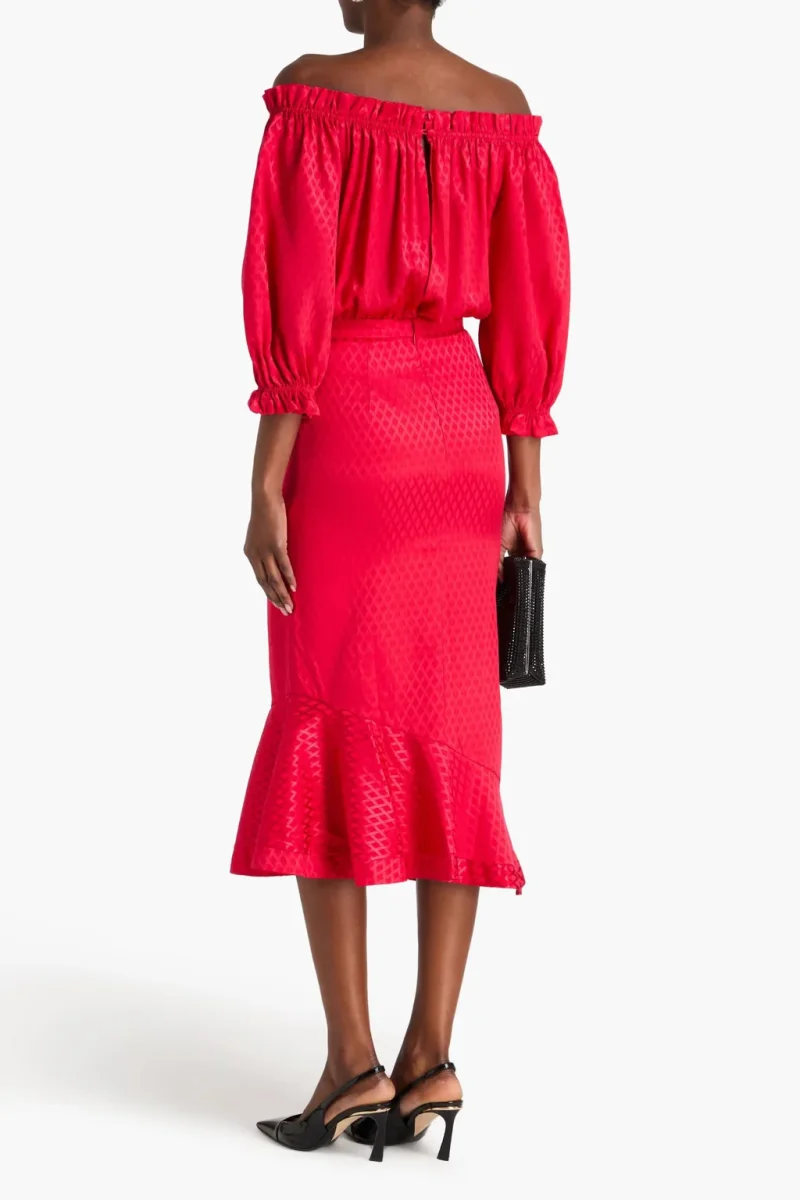 Saloni Grace Off The Shoulder Silk Satin Jacquard Midi Dress - Imagen 6