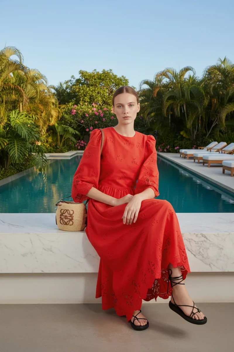 Borgo De Nor Red Carla Broderie Anglaise Cotton Maxi Dress - Imagen 7