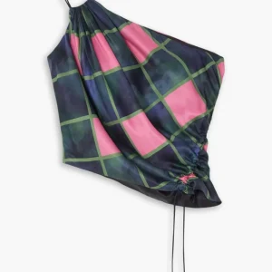 AHLUWALIA Patel One-Shoulder Draped Navy Pink Check Printed Satin Top