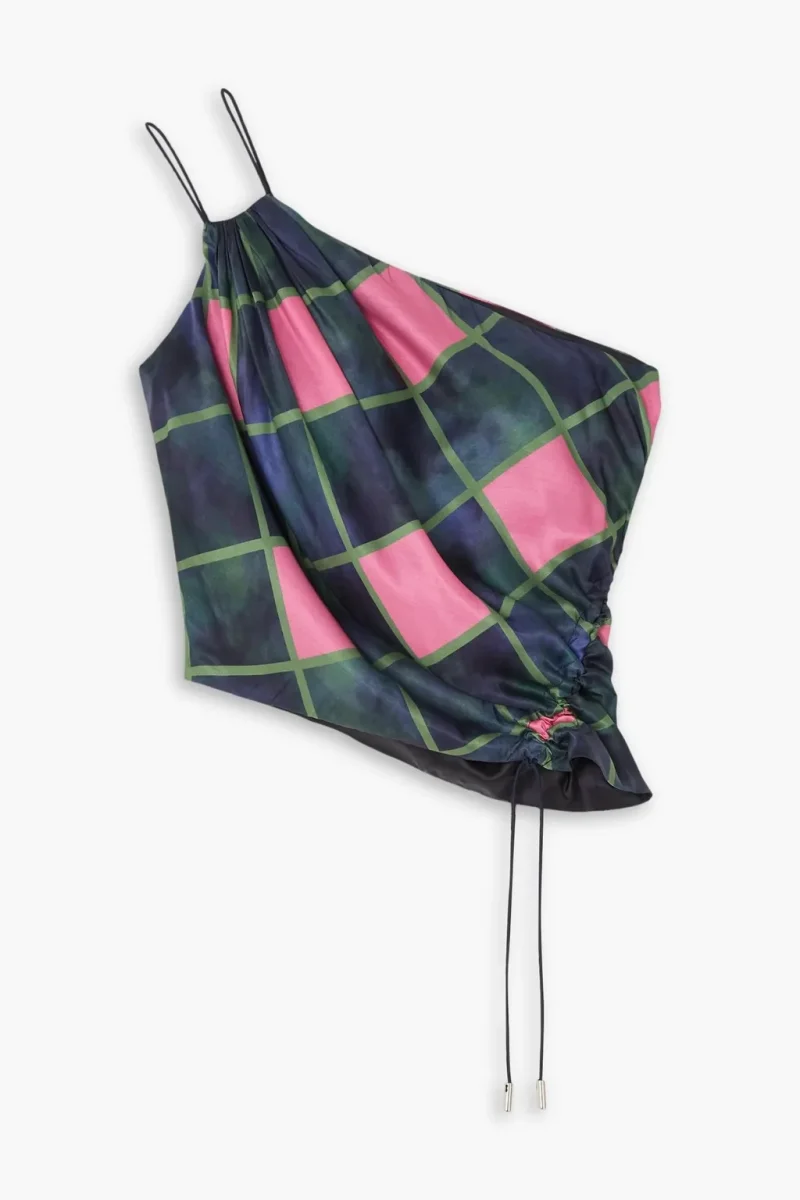 AHLUWALIA Patel One-Shoulder Draped Navy Pink Check Printed Satin Top