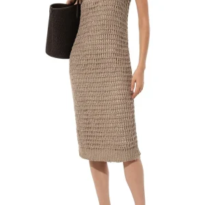 Brunello Cucinelli Beige Crochet Open Knit Linen Silk Blend Sleeveless Midi Dress