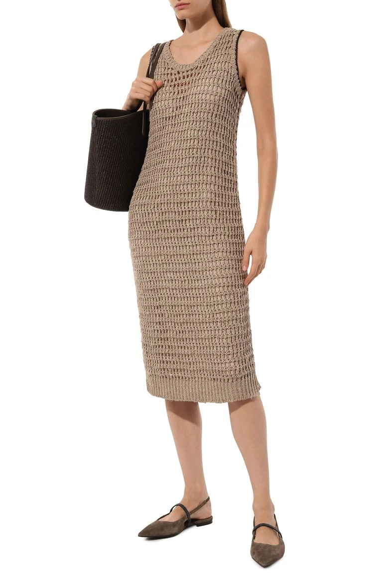 Brunello Cucinelli Beige Crochet Open Knit Linen Silk Blend Sleeveless Midi Dress - Imagen 2
