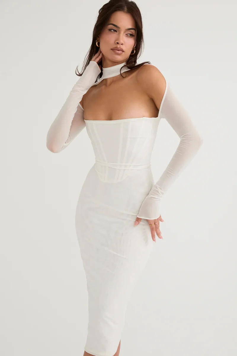 House Of CB Millarose White Mesh Corset Long Sleeve Collared Open Front Midi Dress - Imagen 9