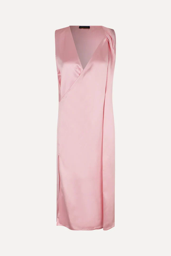 Stine Goya Pink Semi Heavy Satin V-Neck Sleeveless Midi Dress - Imagen 2