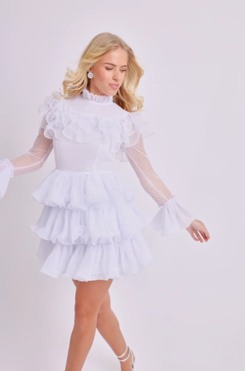Amy Jane London White Long Sleeve Ruffle Tiered Detail Flared Evalina Mini Dress - Imagen 4