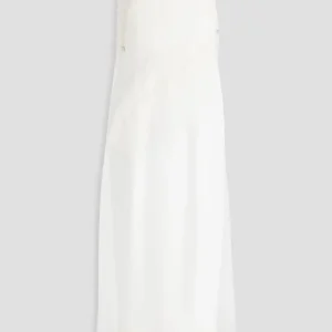 16ARLINGTON Ivory White Minelli Feather Trim Crepe Lace Overlay Strapless Wedding Dress