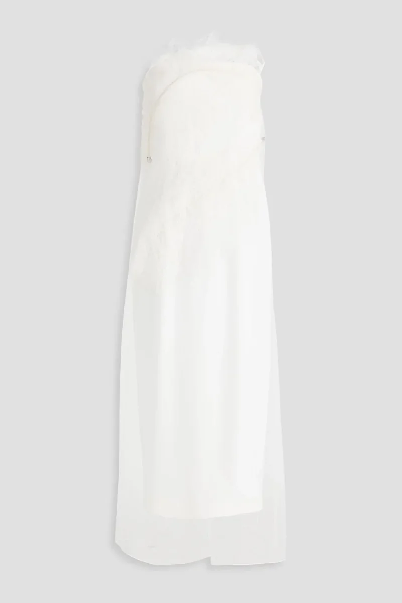 16ARLINGTON Ivory White Minelli Feather Trim Crepe Lace Overlay Strapless Wedding Dress - Imagen 2