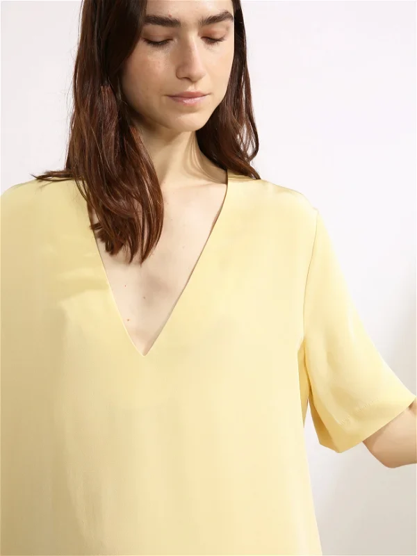 RAEY Yellow Low V-Neck Silk T-Shirt Maxi Dress - Imagen 4