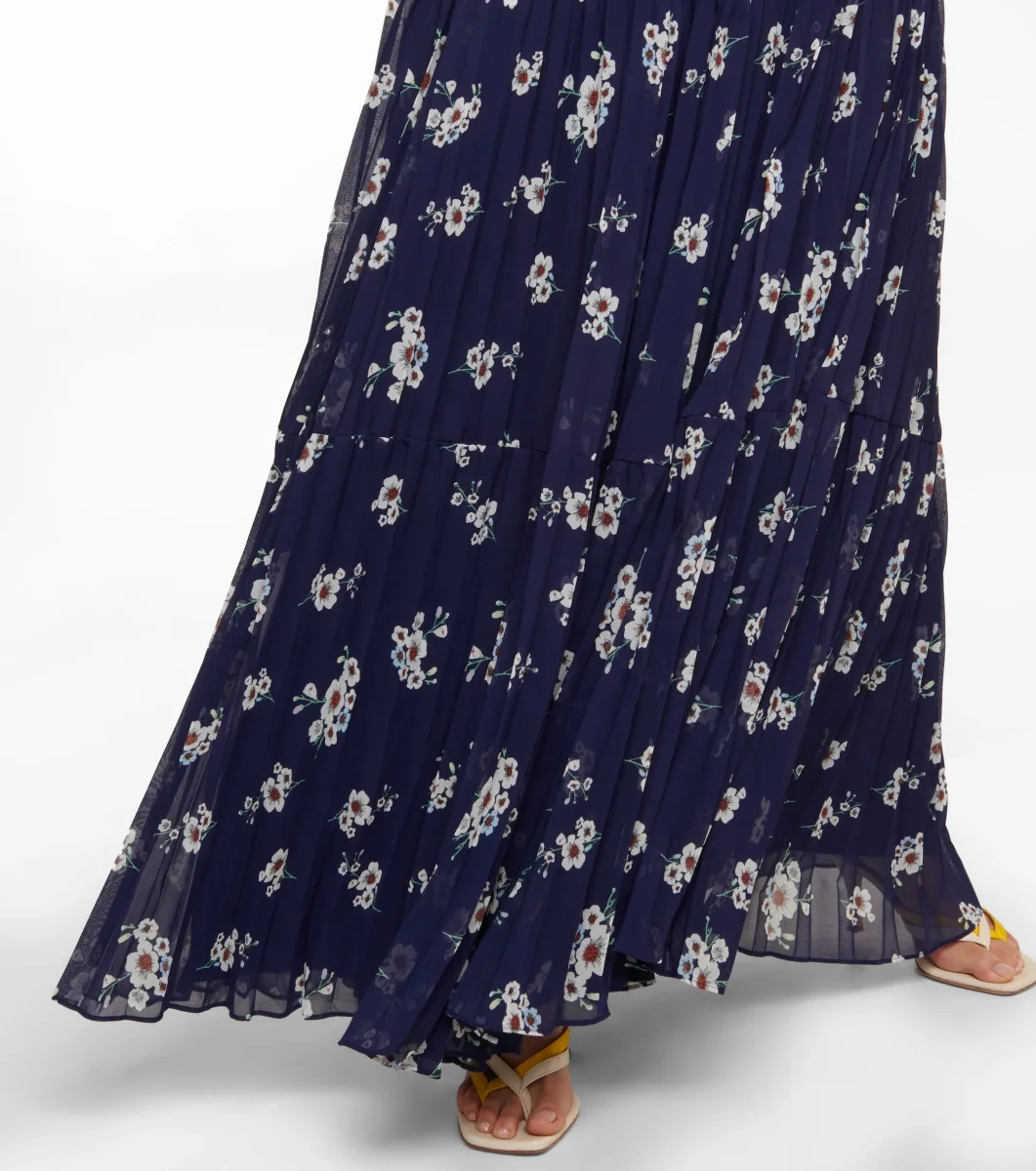 Self-Portrait Pansy Floral Blue Sweetheart Neck Pleated Chiffon Maxi Dress - Imagen 9