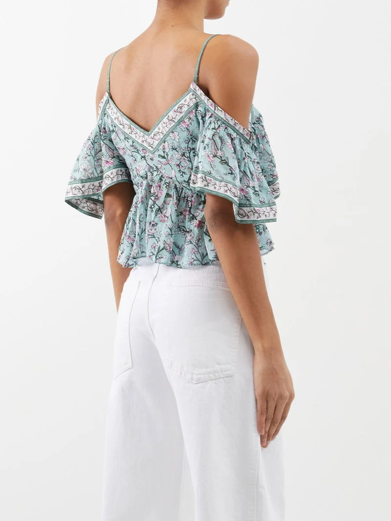 Isabel Marant Etoile Garuva Off-Shoulder Cotton Blue Floral Top - Imagen 6