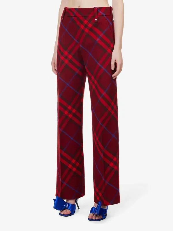 Burberry Checked Red Wool Straight Leg Mid Rise Trousers - Imagen 4