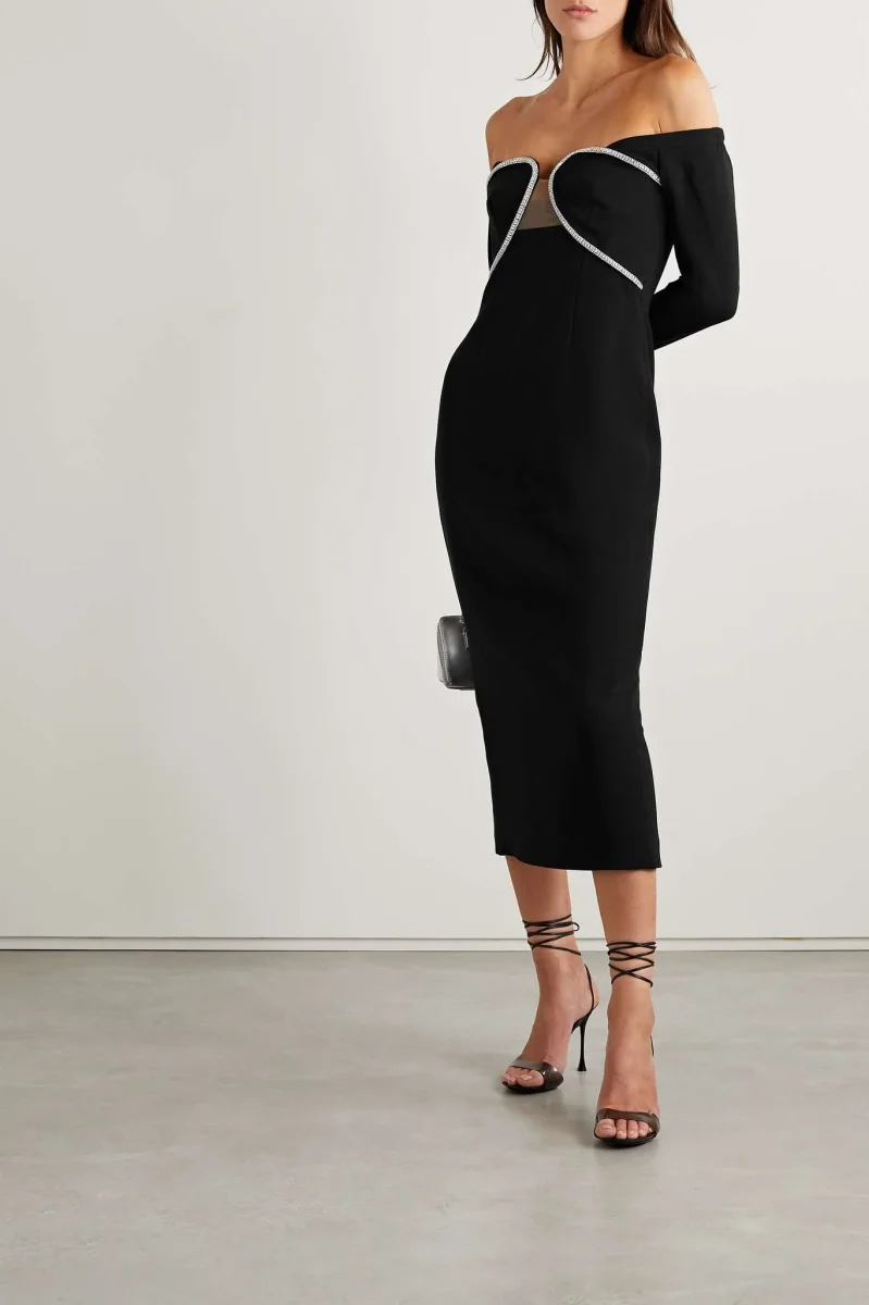 Self-Portrait Black Crepe Crystal Embellished Midi Dress - Imagen 3