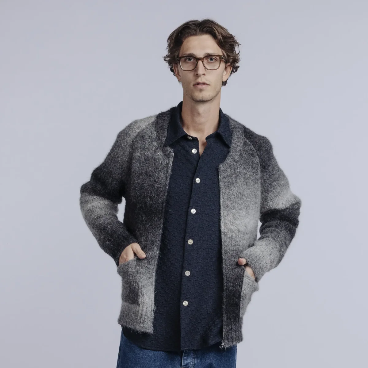 Sunflower Black Ombre Brushed Alpaca Wool Knit Zip Cardigan - Imagen 5