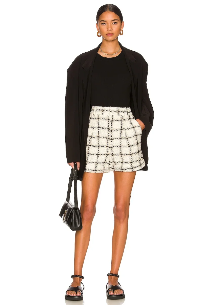 Anine Bing The Becky Tweed Cream Check Tailored High Waist Wool-Blend Shorts - Imagen 5