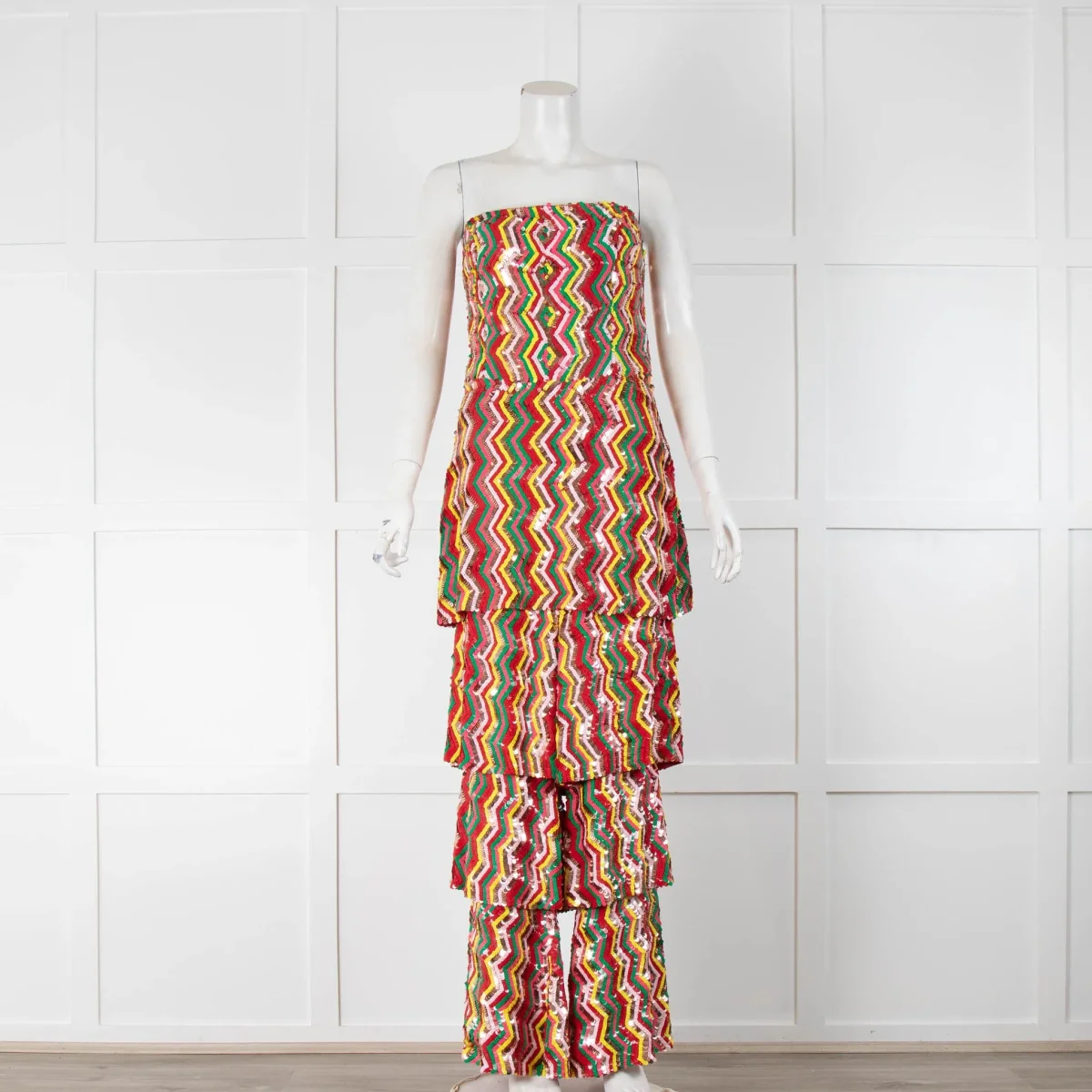 Osman London Rainbow Red Yellow Pink Sequinned Strapless Tiered Flounce Leg Tamina Jumpsuit - Imagen 4