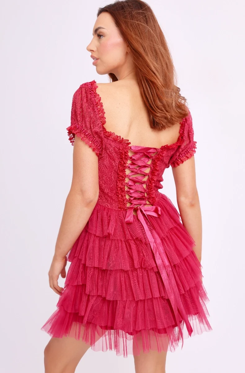 Amy Jane London Red Bow Front Sweetheart Neck Lace Mini Sofia Dress - Imagen 9