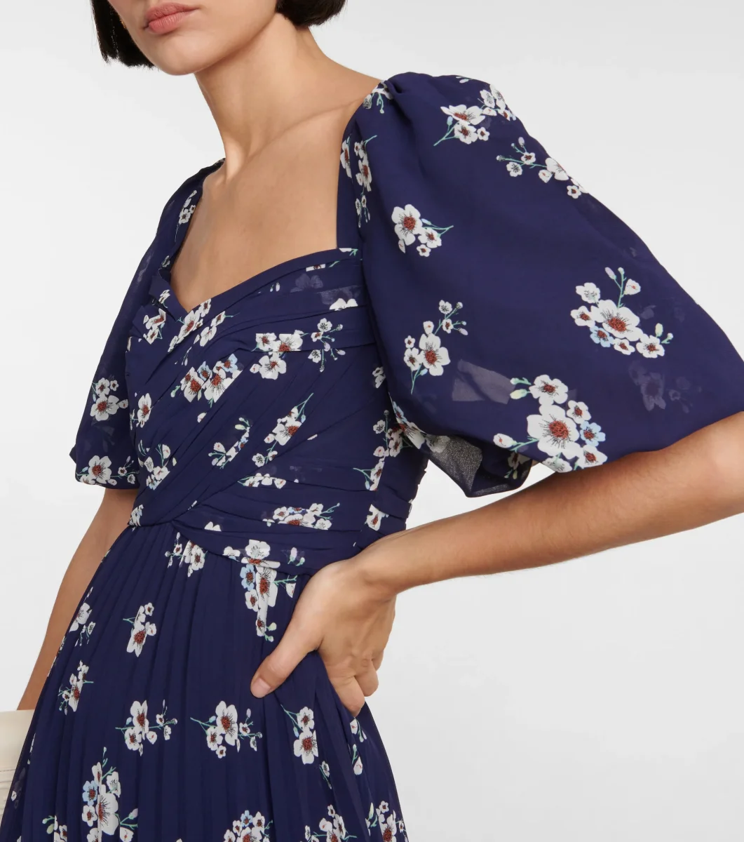 Self-Portrait Pansy Floral Blue Sweetheart Neck Pleated Chiffon Maxi Dress - Imagen 8