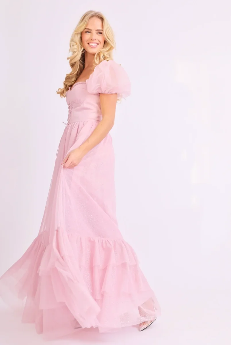 Amy Jane London Pink Tiffany Corset Bodice Sparkly Tulle Puff Sleeve Sweetheart Neck Maxi Gown - Imagen 3