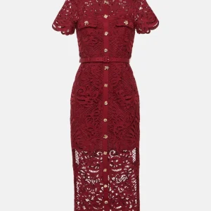 Self-Portrait Red Guipure Lace Gold Button Detail Midi Dress