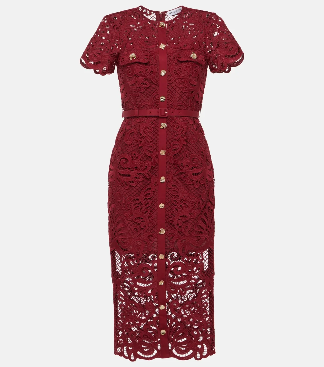 Self-Portrait Red Guipure Lace Gold Button Detail Midi Dress - Imagen 2