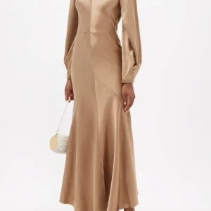 Gabriela Hearst Peyton Plunge Back Silk Satin Camel Brown Dress