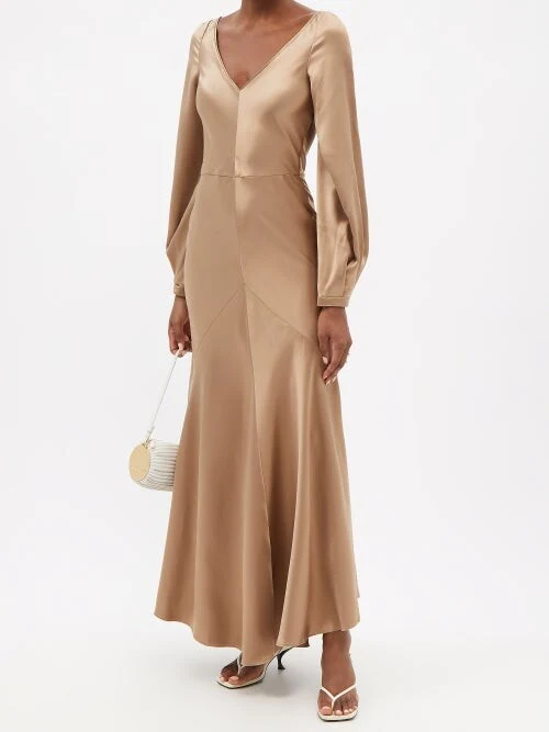 Gabriela Hearst Peyton Plunge Back Silk Satin Camel Brown Dress - Imagen 2