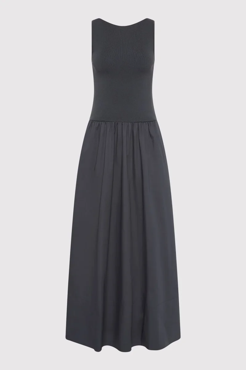 St Agni Grey Poplin Bateau Cut Out Dress - Imagen 3