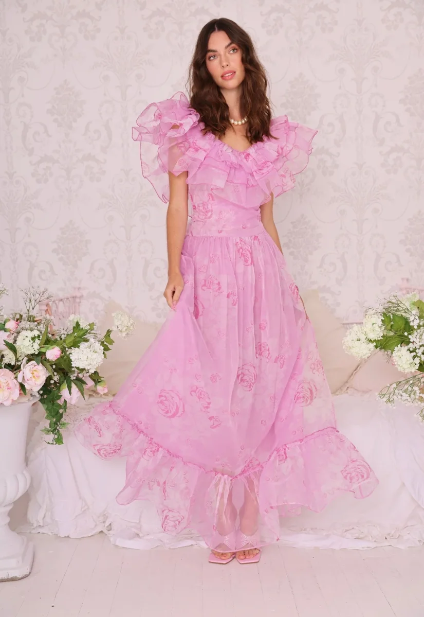 Amy Jane London Pink Aurora Fairytale Organza Floral Ruffle Neck Whimsy Gown - Imagen 9