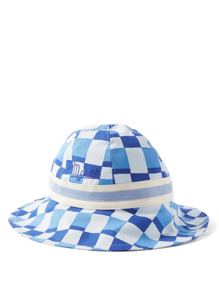 Marni Blue Logo-Embroidered Checked-Canvas Bucket Hat - Imagen 2
