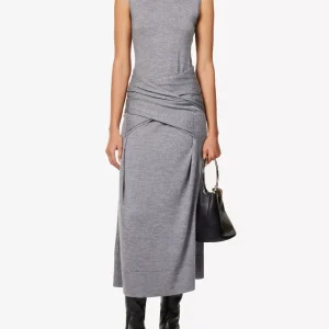 Toteme Turtle Neck Draped Grey Wool-Silk Knit Maxi Dress