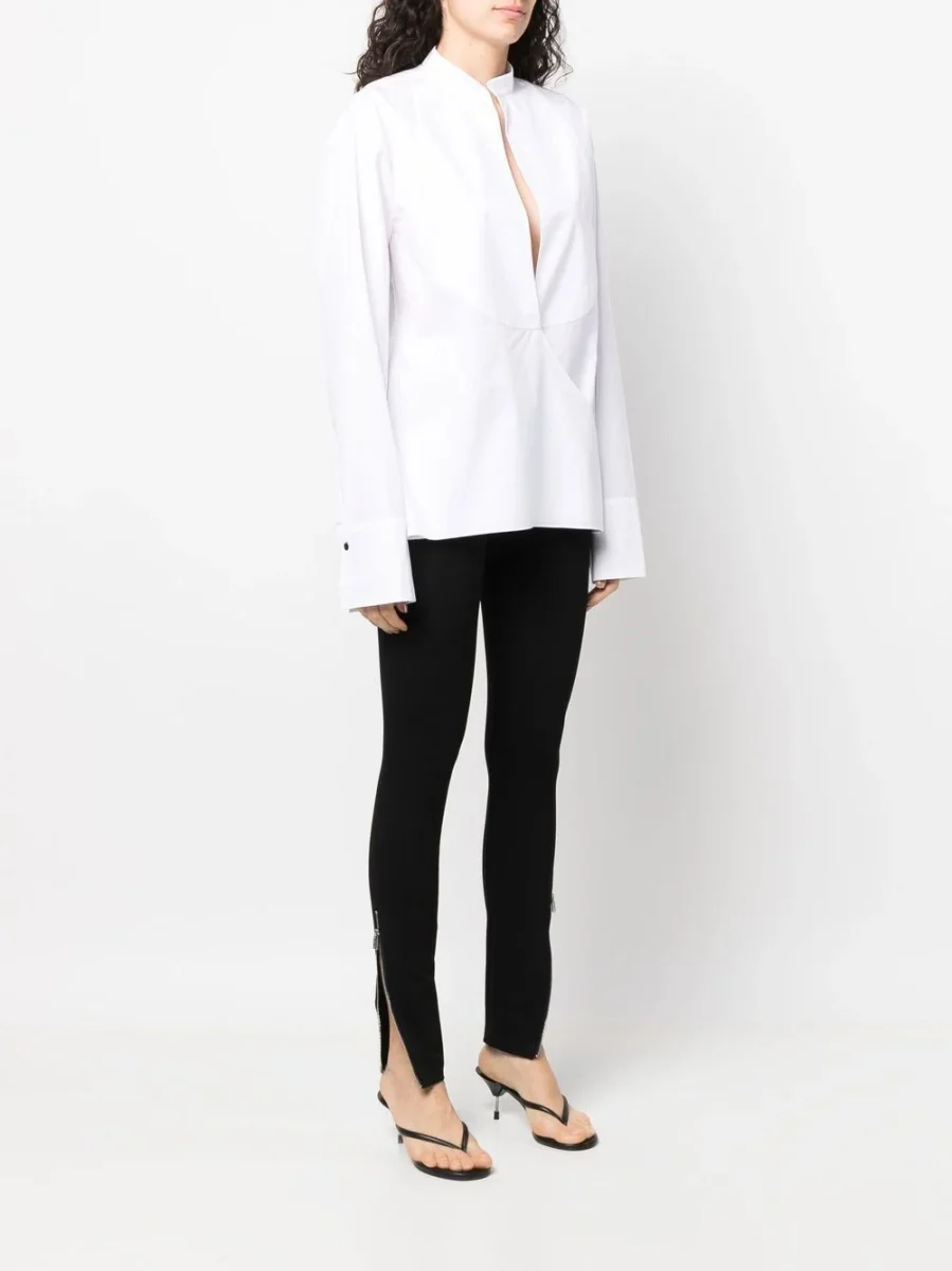 MAXIMILIAN DAVIS White Midnight Plastron Wrap Cotton Poplin Shirt - Imagen 4