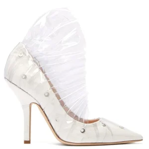 MIDNIGHT 00 Shell Crescent White Leather PVC Ruffle Pumps