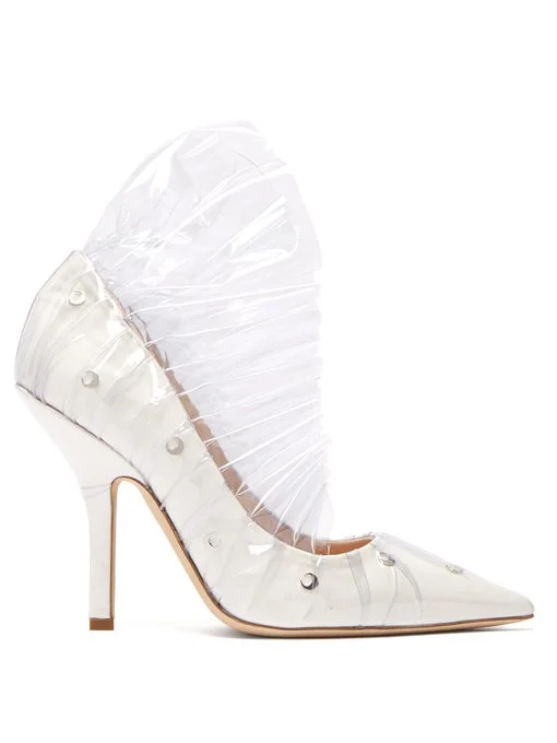 MIDNIGHT 00 Shell Crescent White Leather PVC Ruffle Pumps - Imagen 2