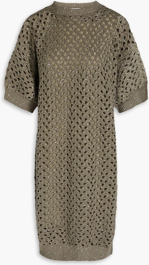 Brunello Cucinelli Green Crochet Open Knit Cotton Linen Silk Blend Dress - Imagen 6