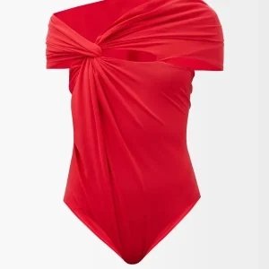MAXIMILIAN DAVIS Red Disco Draped Jersey Bodysuit