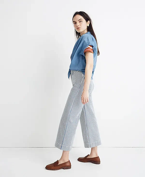 Madewell Emmett Wide-Leg Crop Pants Trousers in Herringbone Railroad Stripe - Imagen 5